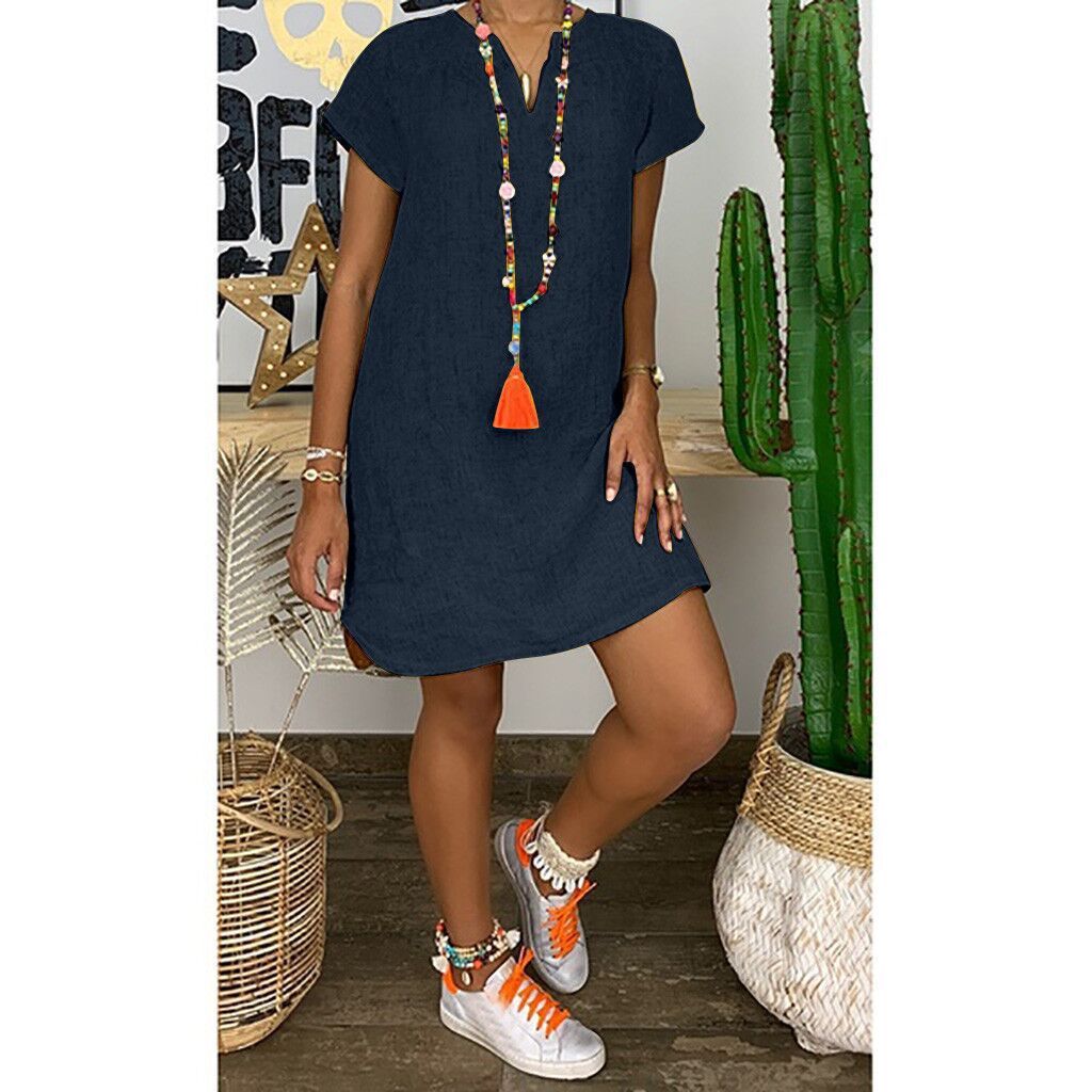 Loose Summer Solid Color Short Sleeved V Neck Cotton And Linen Dress