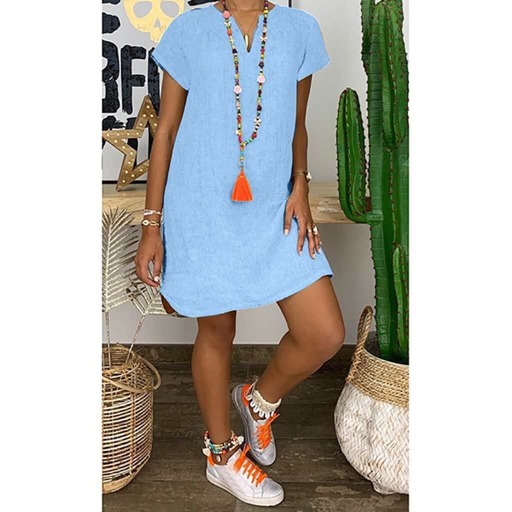 Loose Summer Solid Color Short Sleeved V Neck Cotton And Linen Dress