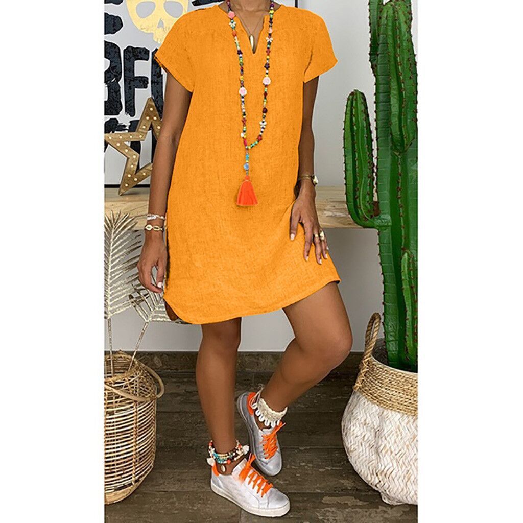 Loose Summer Solid Color Short Sleeved V Neck Cotton And Linen Dress