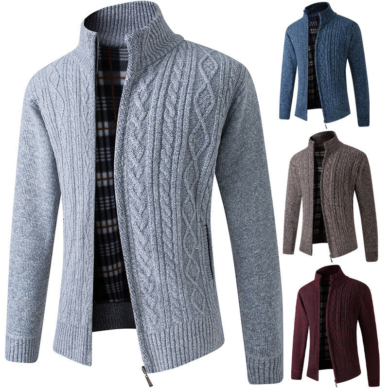 Spring & Autum Middle-aged Men Plus Velvet Thick Knit Sweater Cardigan Sweater Father Wear Warm Jacket