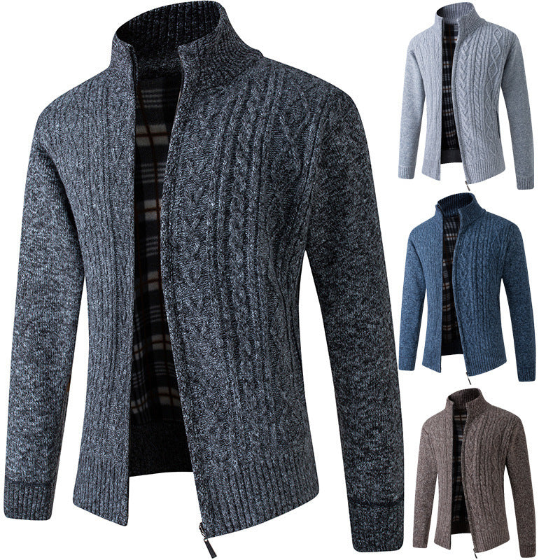Spring & Autum Middle-aged Men Plus Velvet Thick Knit Sweater Cardigan Sweater Father Wear Warm Jacket