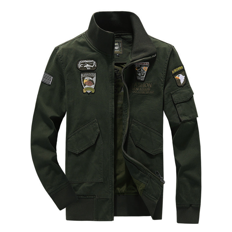 Military Style Jacket Cotton Wash Stand Collar Tooling Military