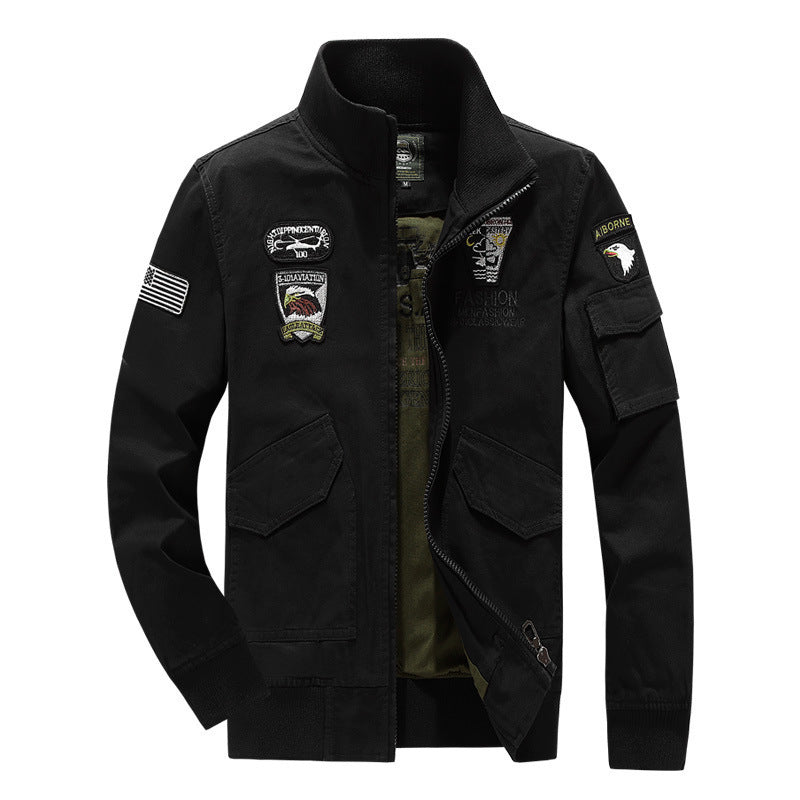 Military Style Jacket Cotton Wash Stand Collar Tooling Military