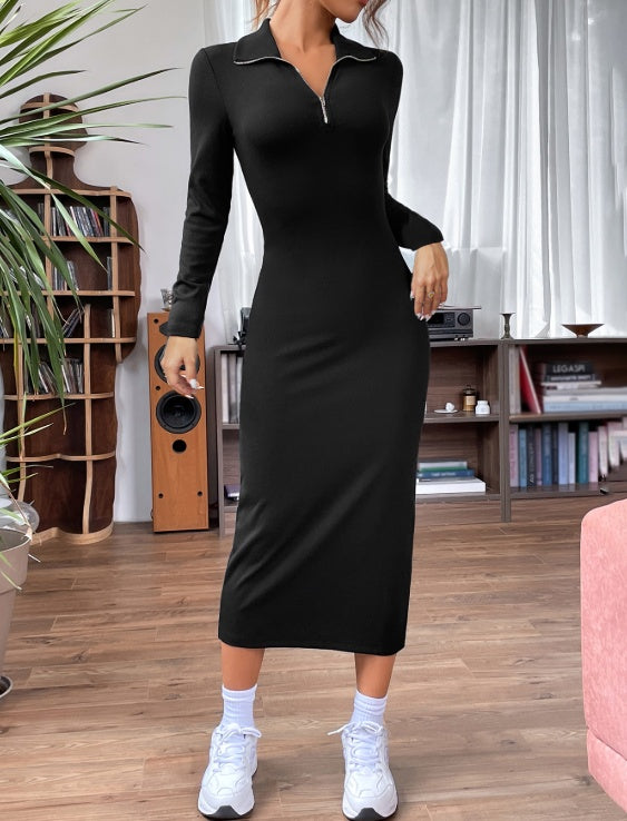 Women's Solid Color V-neck Zipper Casual Long Sleeved Dress