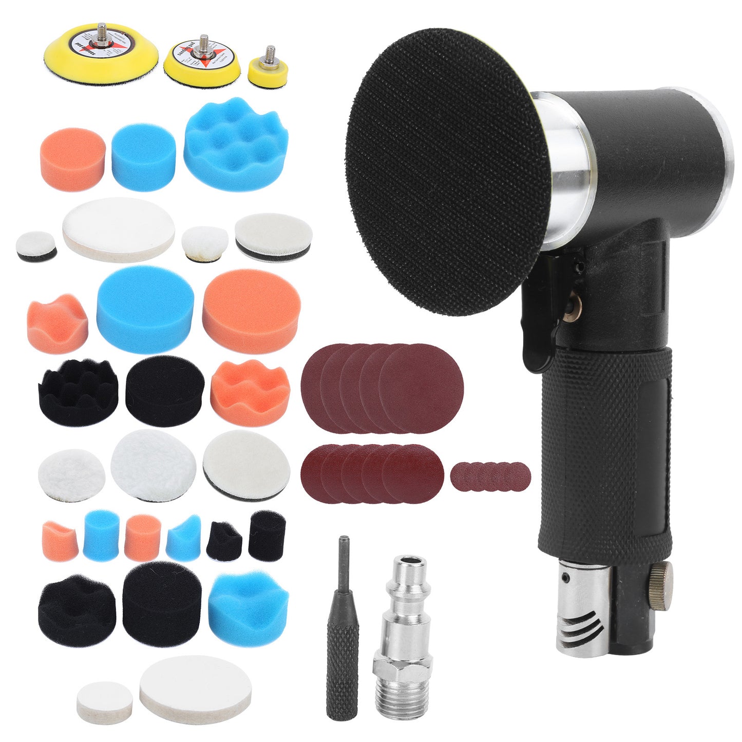 48-Piece Eccentric Air Sander Pneumatic Polisher with 1/4" Air Nozzle, 1–3 Inch Pads, for Car Waxing, Grinding & Detail Sanding | Infinity Bazaar