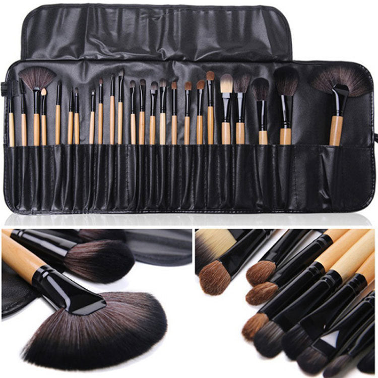 24-Piece Professional Makeup Brush Set – Long Wooden Handle with Soft Synthetic Bristles & PU Brush Roll | Infinity Bazaar