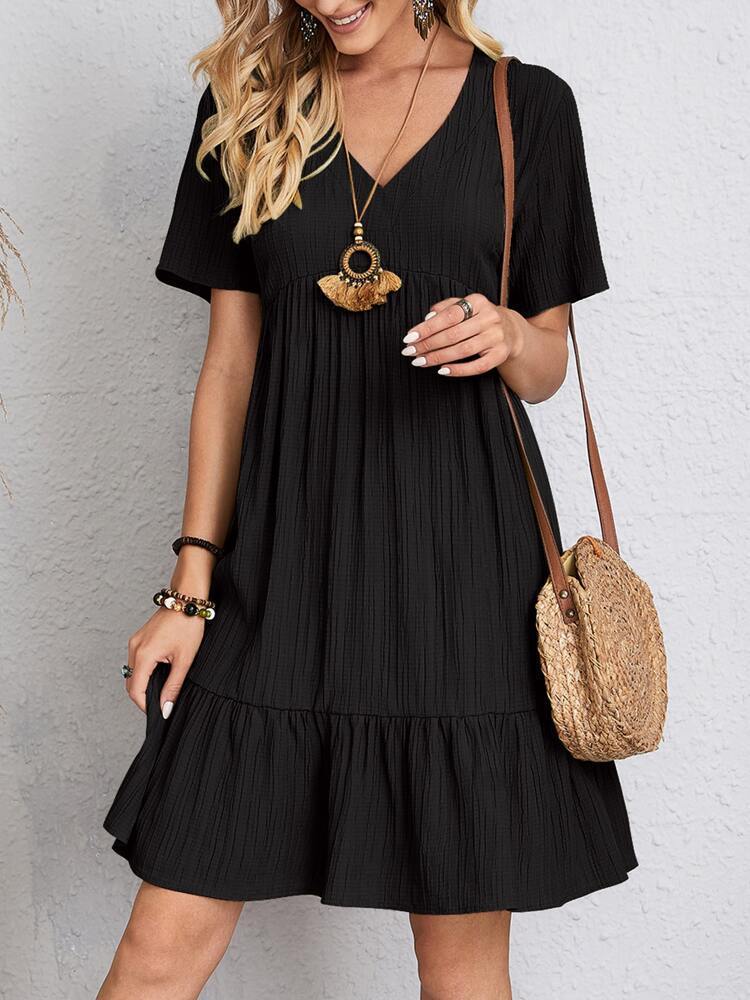 V-neck Short Sleeve Dress Summer Fashion Casual Loose Ruffled Dress