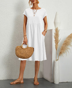 Women's Cotton A-Line Dress – Round Neck Casual Skirt Dress | Infinity Bazaar
