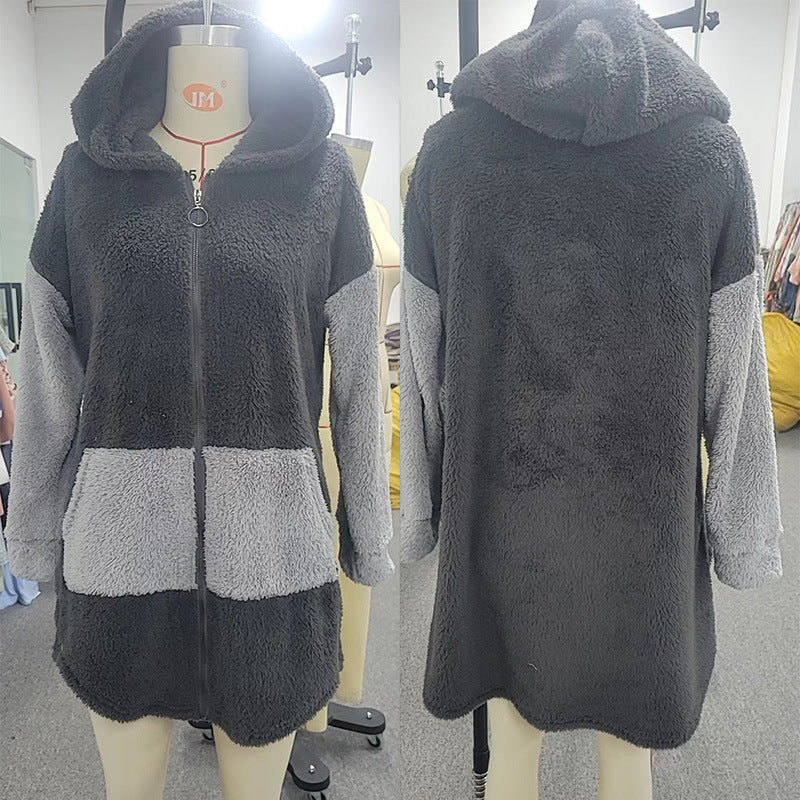 Autumn Spring Stitching Contrast Color Double-sided Velvet Hooded Jacket Zipper Cloak Tops Warm Women