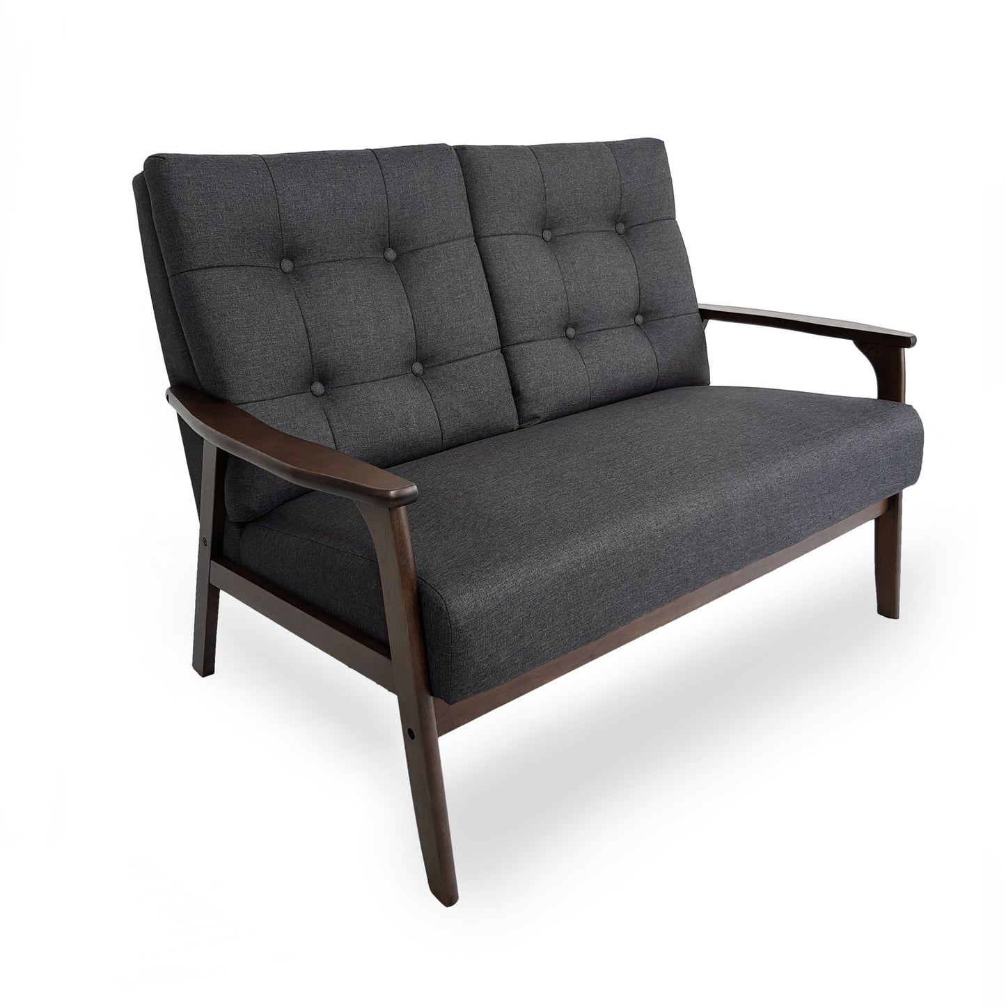 2-Person Sofa in Charcoal Gray – Button-Tufted Fabric Loveseat with Walnut Wood Legs | Infinity Bazaar