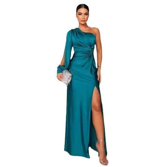One-Shoulder Split Party Dress – Long-Sleeved Slim Fit | Infinity Bazaar