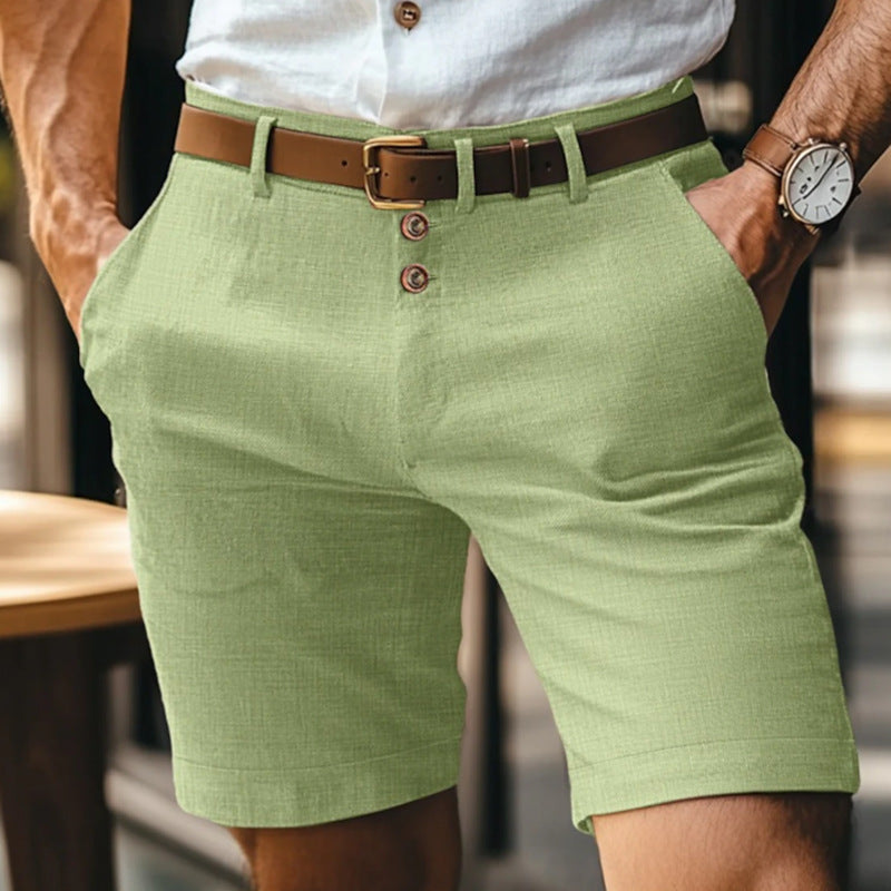 Men's Linen Spring & Summer Solid Color Buttons Casual Shorts