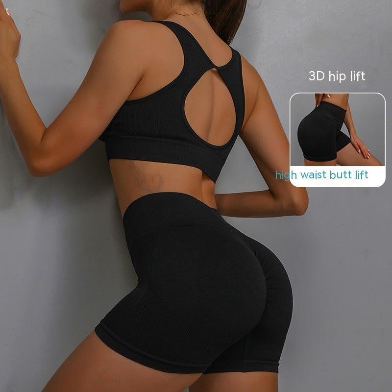 2PCS Women’s Sports Fitness Yoga Suit – Hollow-Out Back Bra & Hip-Lifting Shorts Set | Infinity Bazaar