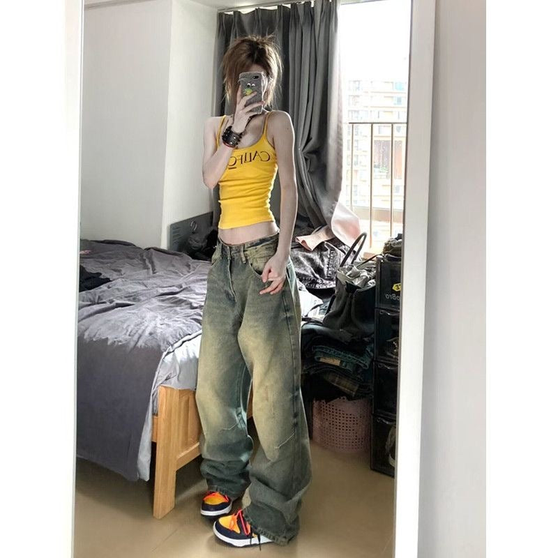 Retro Wide Leg Jeans Women's High Waist Loose Distressed Straight-leg Pants