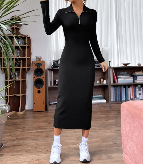 Women's Solid Color V-neck Zipper Casual Long Sleeved Dress