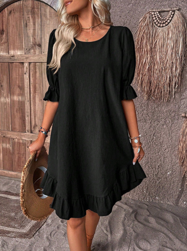 Ruffle Short-sleeved Solid Color Round Neck Loose Straight Summer Dress