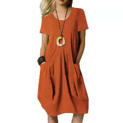 Women's Cotton and Linen Solid Color Round Neck Short Sleeve Dress | Infinity Bazaar