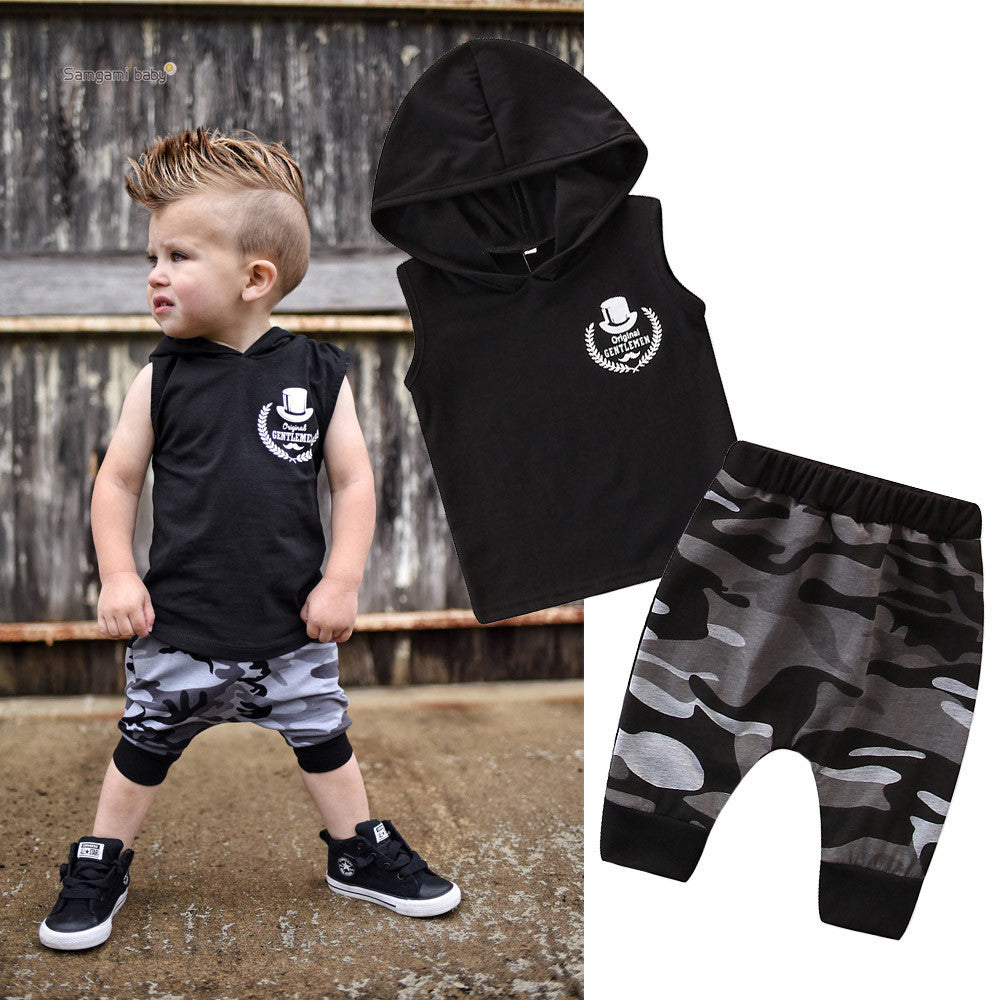 2PCS Toddler Baby Boy Outfit – Sleeveless Hooded T-Shirt & Camo Pants Set | Infinity Bazaar