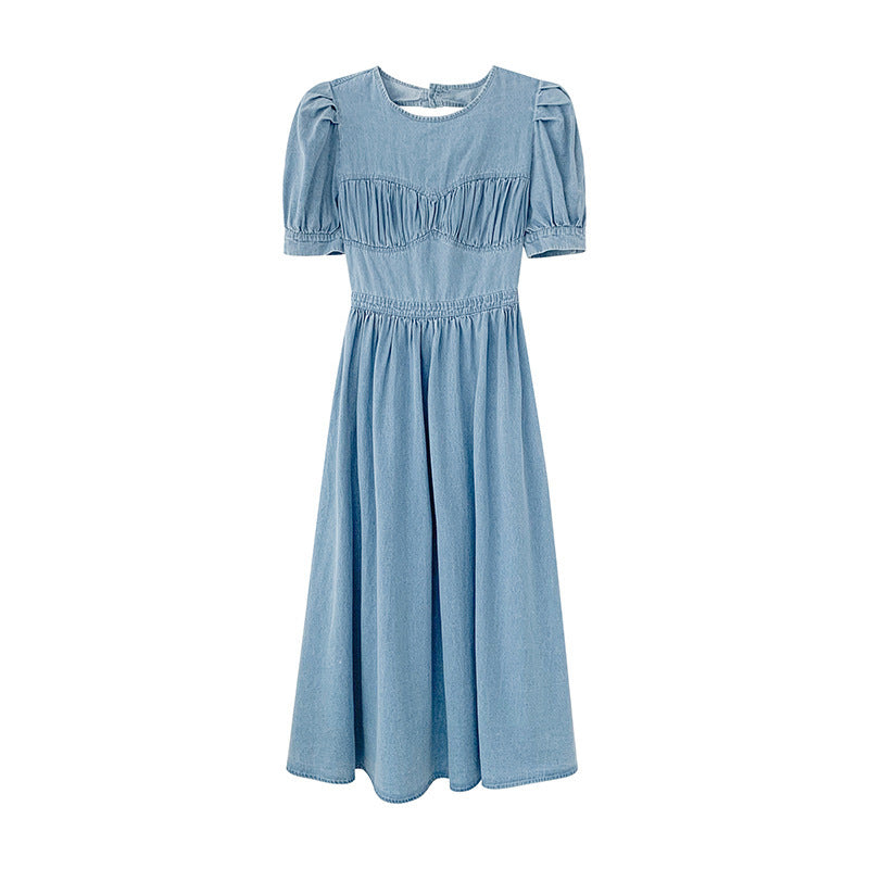Fashionable Puff Sleeve Waist Denim Skirt