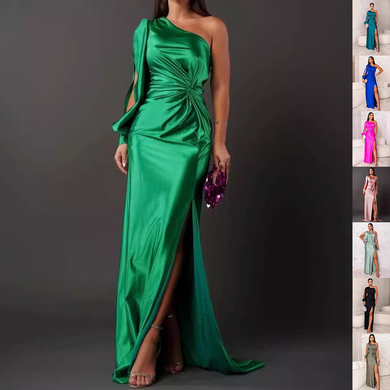 One-Shoulder Split Party Dress – Long-Sleeved Slim Fit | Infinity Bazaar