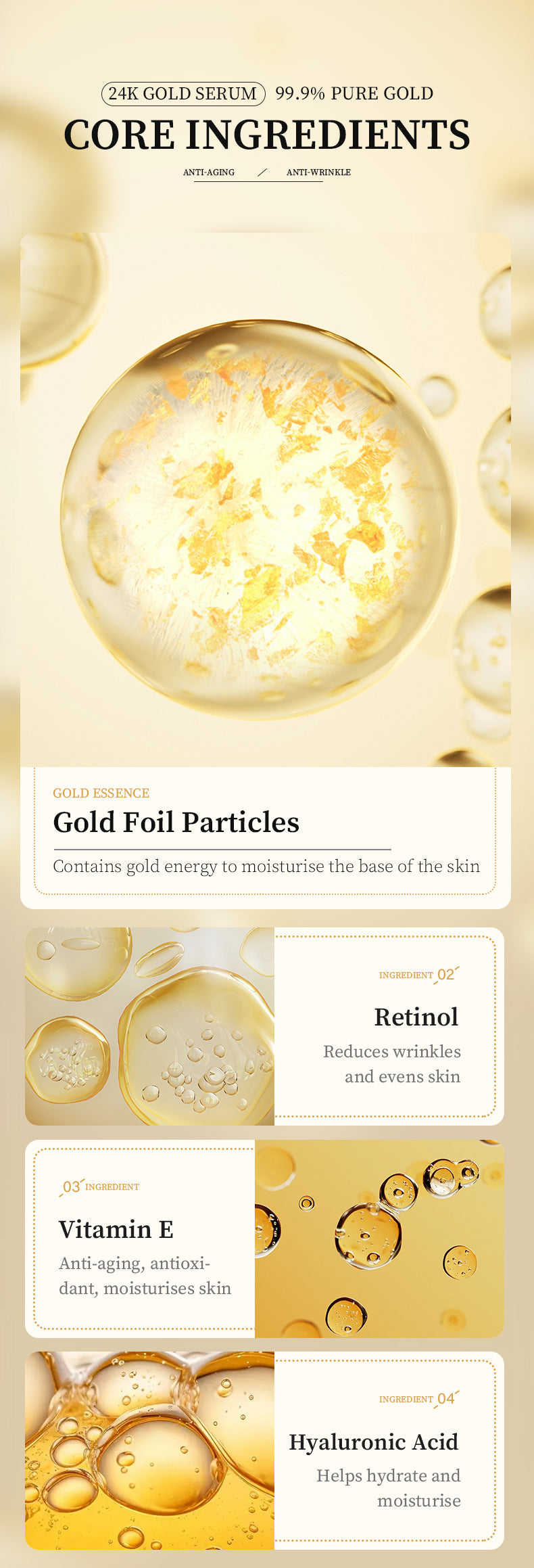 24K Gold Foil Face Serum – 30mL Vitamin E & Retinol Anti-Wrinkle Lifting Essence for All Skin Types | Infinity Bazaar