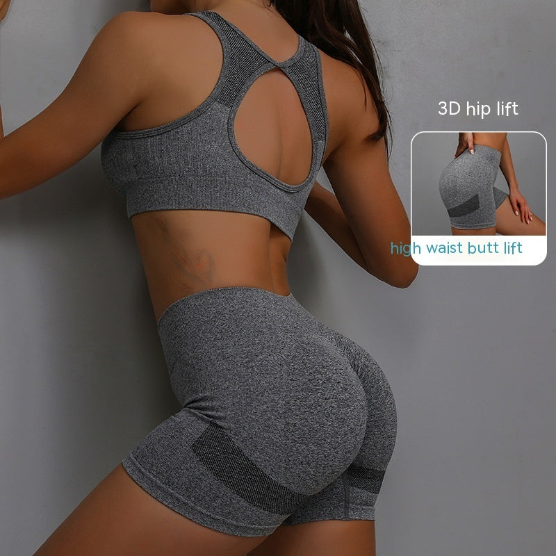 2PCS Women’s Sports Fitness Yoga Suit – Hollow-Out Back Bra & Hip-Lifting Shorts Set | Infinity Bazaar