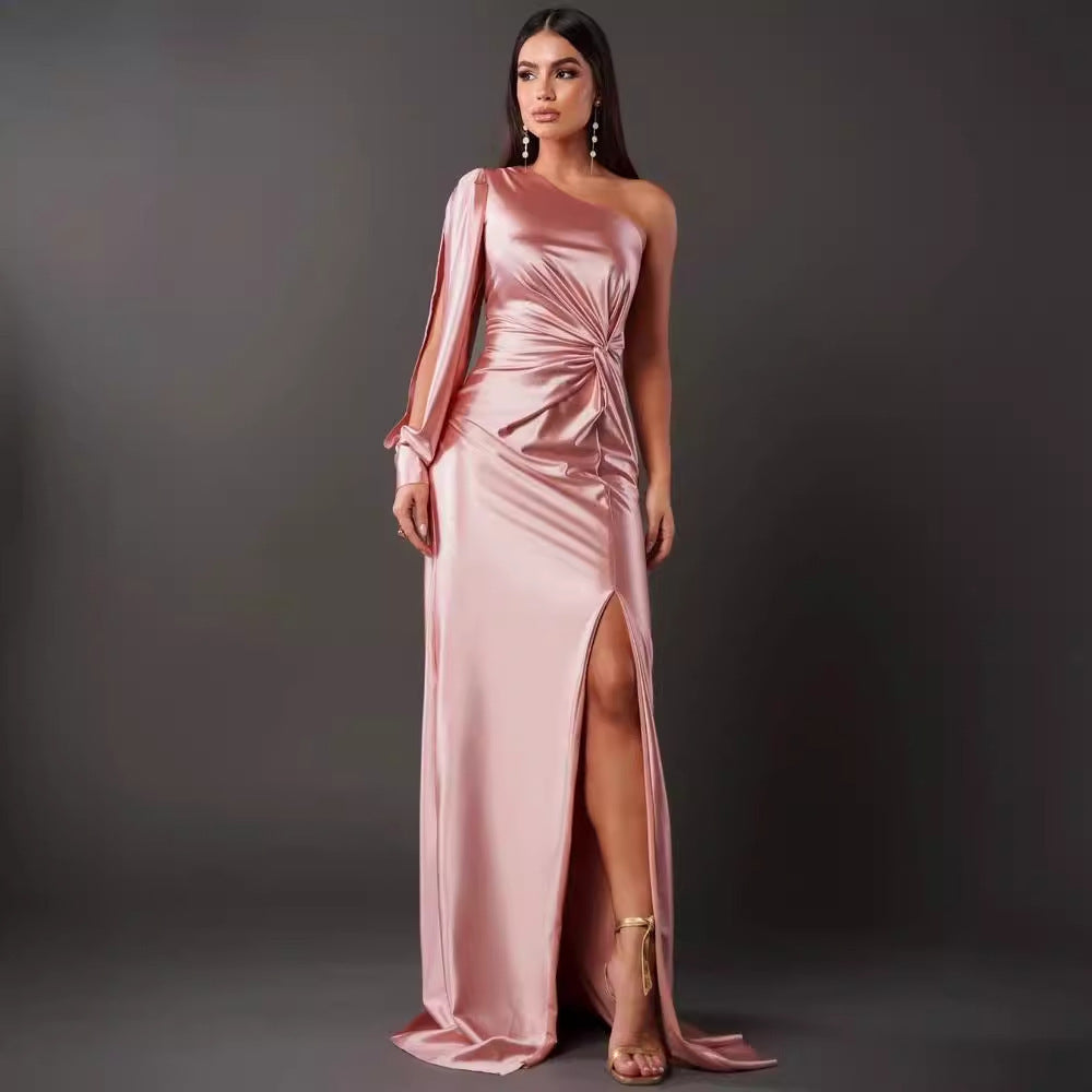 One-Shoulder Split Party Dress – Long-Sleeved Slim Fit | Infinity Bazaar