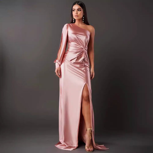One-Shoulder Split Party Dress – Long-Sleeved Slim Fit | Infinity Bazaar