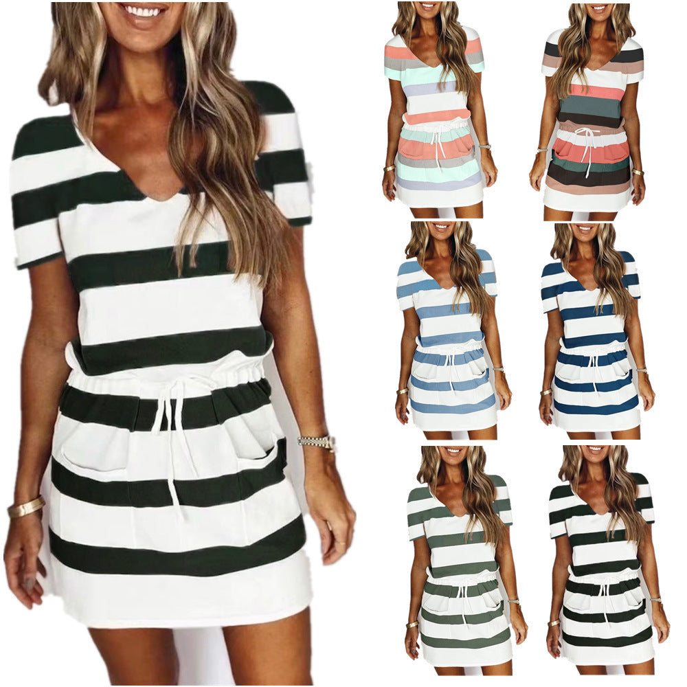 Striped Print Short-sleeved Summer Dress with V-neck Drawstring Design