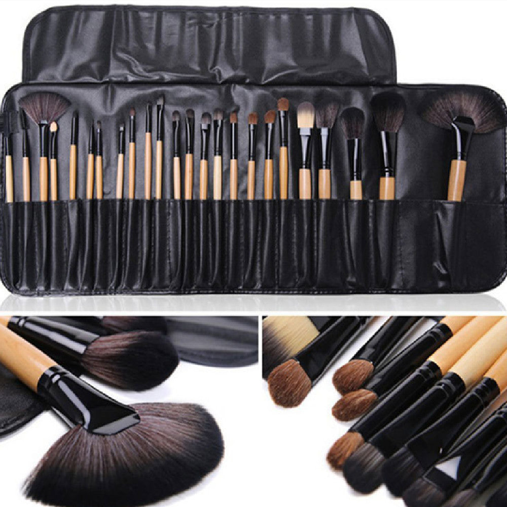 24-Piece Professional Makeup Brush Set – Long Wooden Handle with Soft Synthetic Bristles & PU Brush Roll | Infinity Bazaar