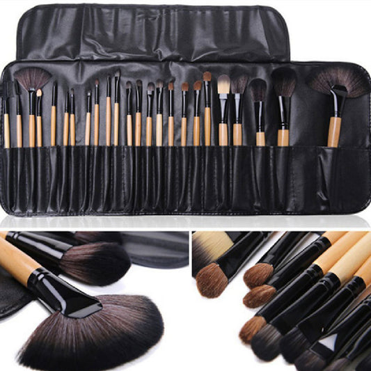 24-Piece Professional Makeup Brush Set – Long Wooden Handle with Soft Synthetic Bristles & PU Brush Roll | Infinity Bazaar