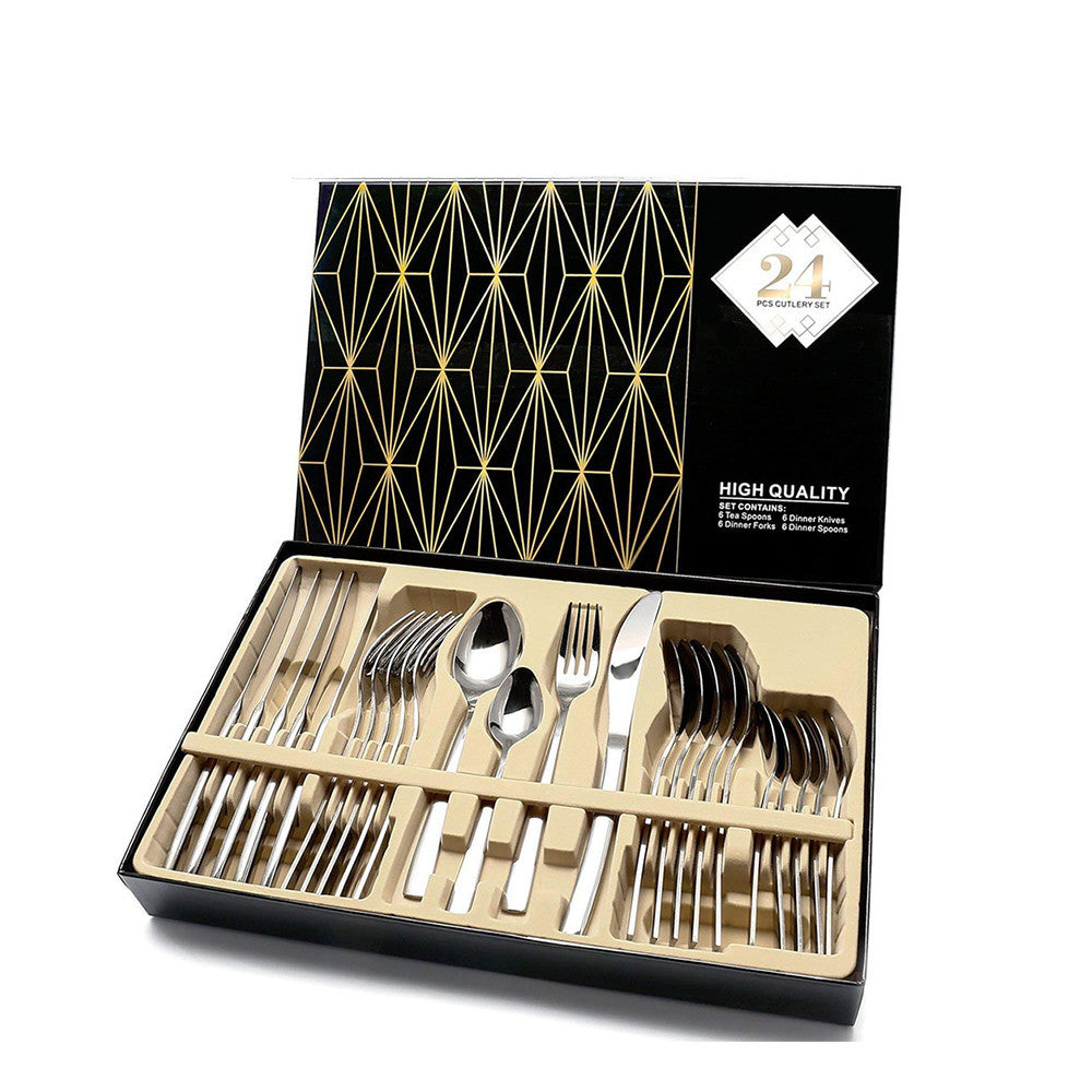 24-Piece Flatware Set – Stainless Steel Cutlery Dinnerware with Spoons, Forks, Knives & Gift Box | Infinity Bazaar