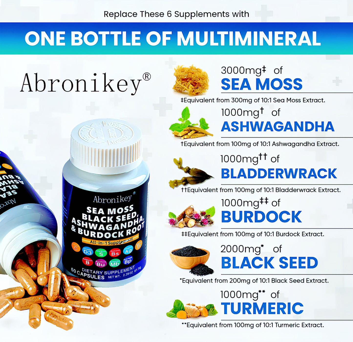 Abronikey Sea Moss, 120 Capsules Immune Support Digestive Health Natural Sea Moss Supplement Rich In Minerals & Vitamins