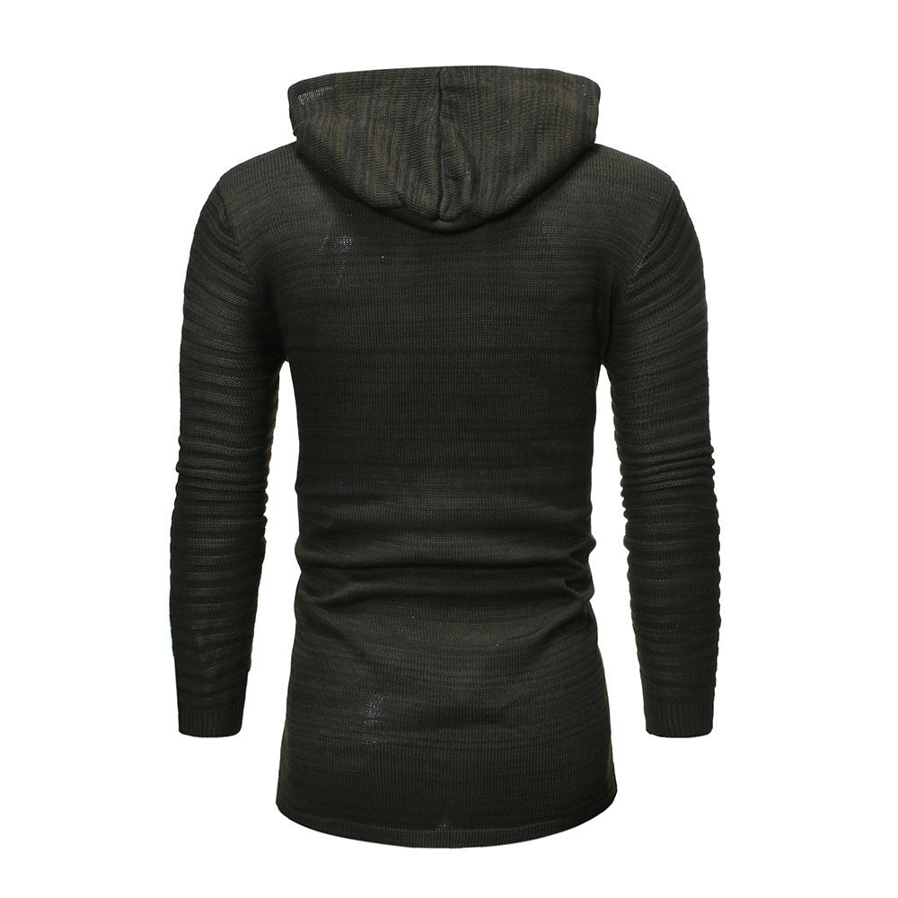 Men's Casual Knit Sweater Diagonal Pull Hole Hooded Cardigan Sweater Men