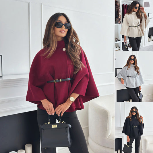 Collar Batwing Sleeves Cloak Top With Belt - Sweater Outwear For Women Clothing