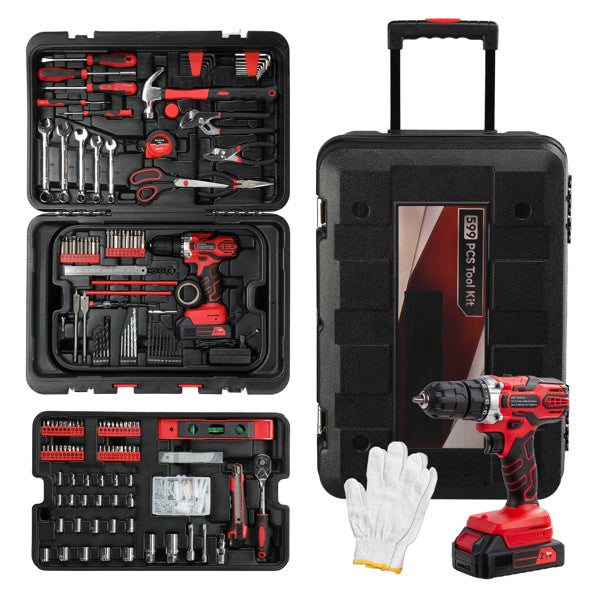 599-Piece Rolling Tool Set with 21V Cordless Drill – Heavy-Duty Home & Auto Repair Kit with Chrome-Plated Tools & Mobile Toolbox | Infinity Bazaar