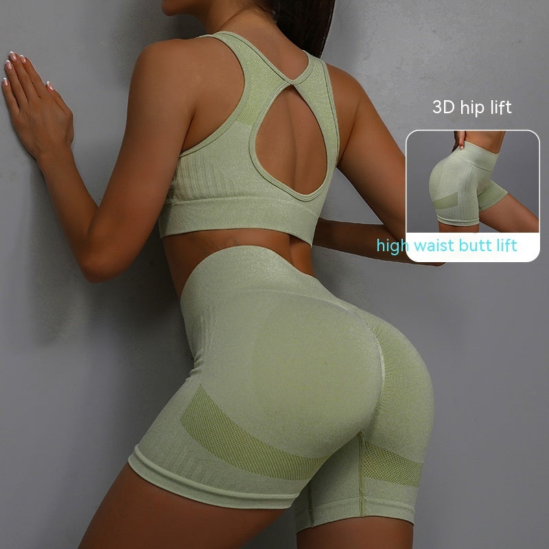 2PCS Women’s Sports Fitness Yoga Suit – Hollow-Out Back Bra & Hip-Lifting Shorts Set | Infinity Bazaar