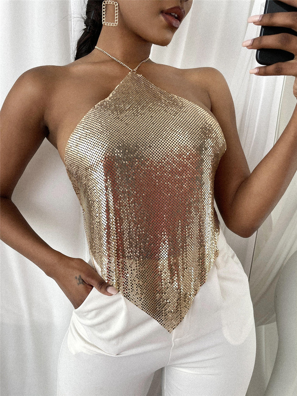 Solid Color Metal Sexy Hot Girl Halter Sequin Sling Top For Women