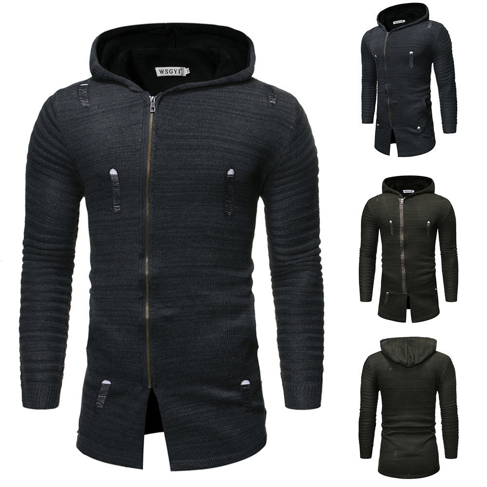 Men's Casual Knit Sweater Diagonal Pull Hole Hooded Cardigan Sweater Men