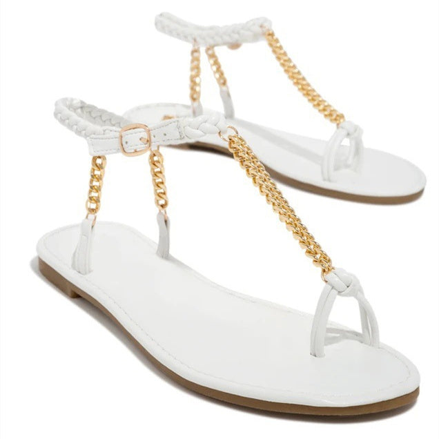 Round Toe Flat Metal Chain Women's Beach Sandals