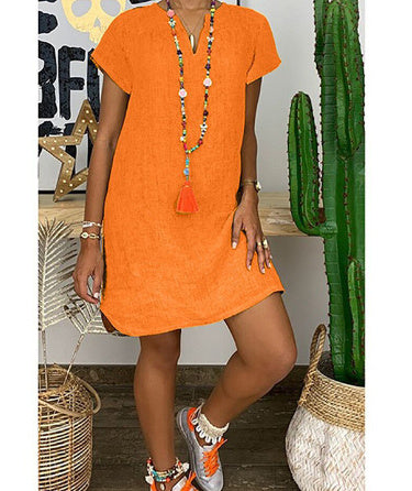Loose Summer Solid Color Short Sleeved V Neck Cotton And Linen Dress
