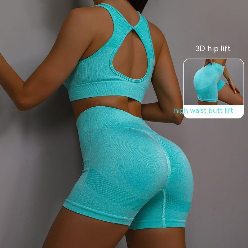 2PCS Women’s Sports Fitness Yoga Suit – Hollow-Out Back Bra & Hip-Lifting Shorts Set | Infinity Bazaar