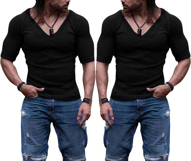 Men's Summer Slim V-neck Solid Color Thin Short Sleeve