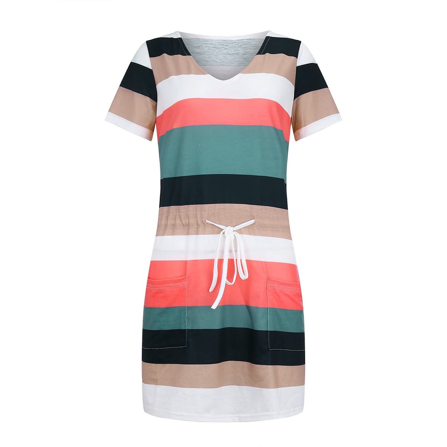 Striped Print Short-sleeved Summer Dress with V-neck Drawstring Design