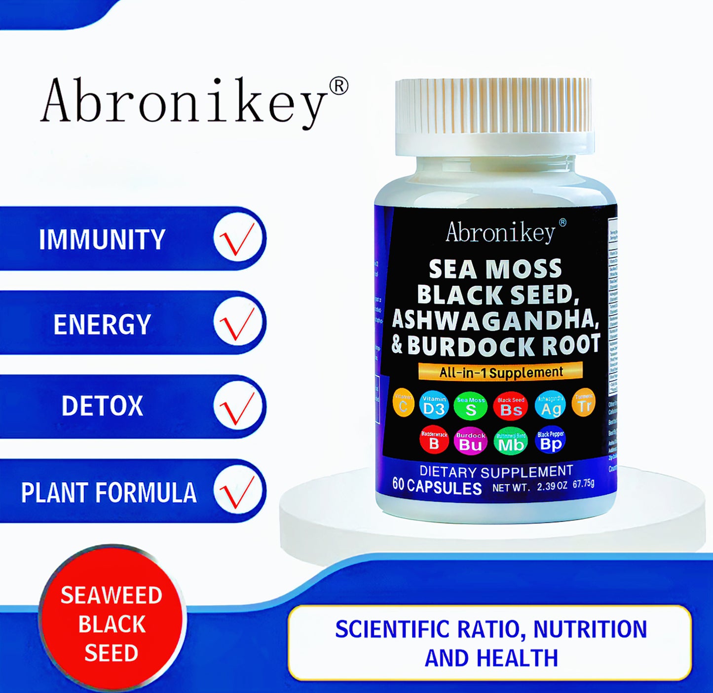 Abronikey Sea Moss, 120 Capsules Immune Support Digestive Health Natural Sea Moss Supplement Rich In Minerals & Vitamins