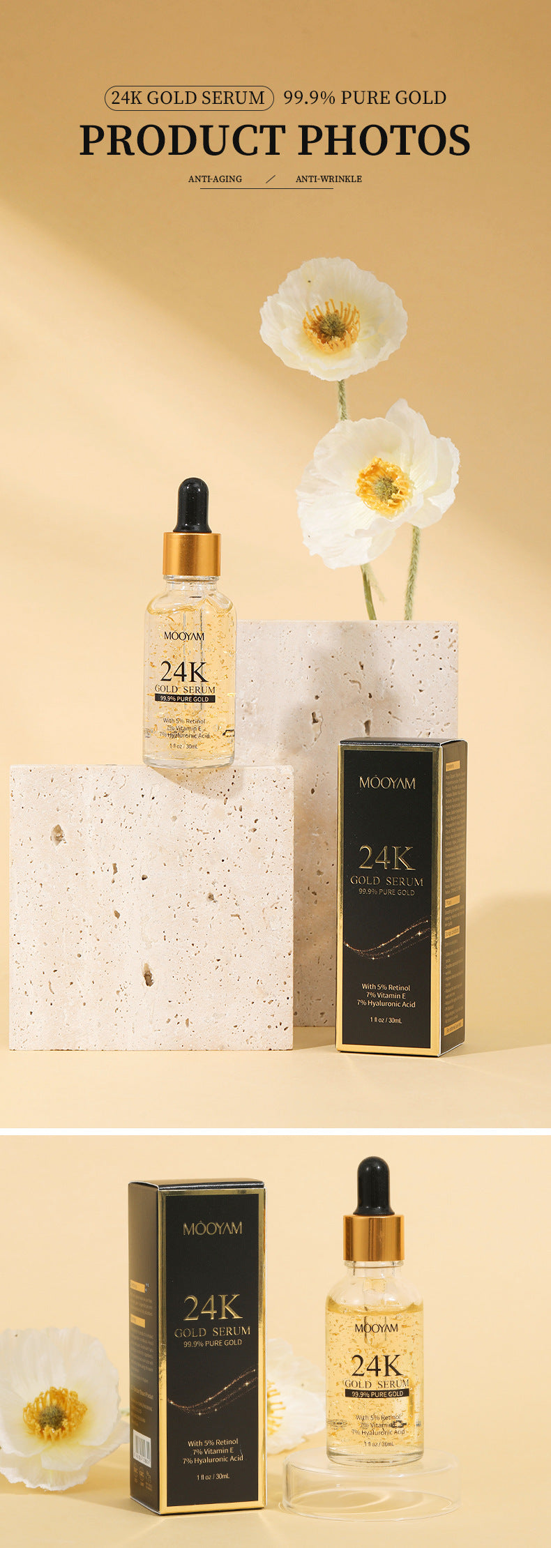 24K Gold Foil Face Serum – 30mL Vitamin E & Retinol Anti-Wrinkle Lifting Essence for All Skin Types | Infinity Bazaar