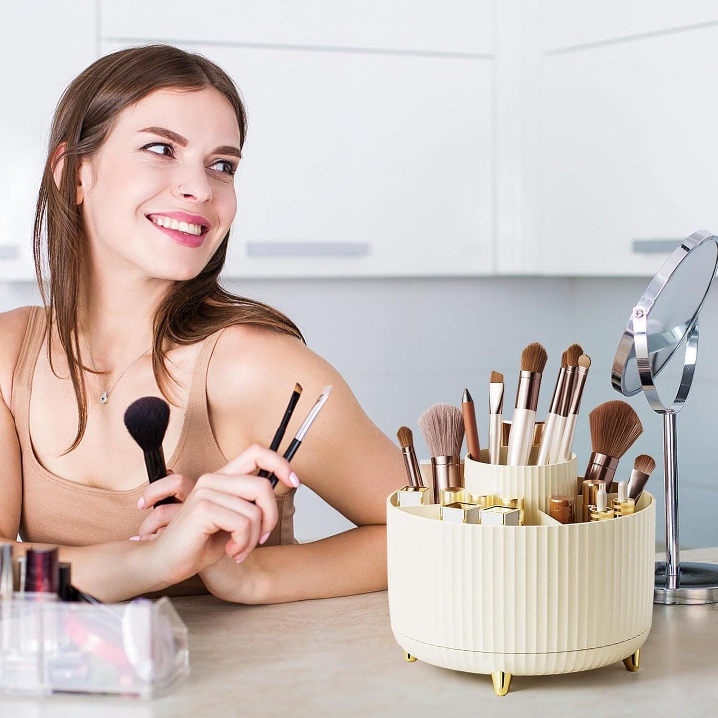 360° Rotating Makeup Brush Holder – Large-Capacity Acrylic Cosmetic Organizer for Brushes, Lipsticks, Eyebrow Pencils & Jewelry | Infinity Bazaar