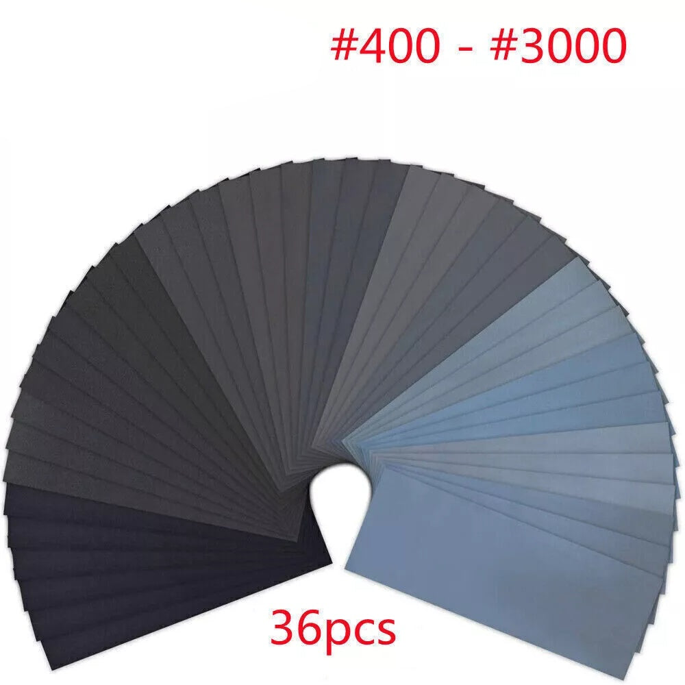 36Pcs Wet and Dry Sandpaper Set – Mixed Grit 400-3000 Silicon Carbide Sheets for Automotive, Wood & Metal Finishing | Infinity Bazaar
