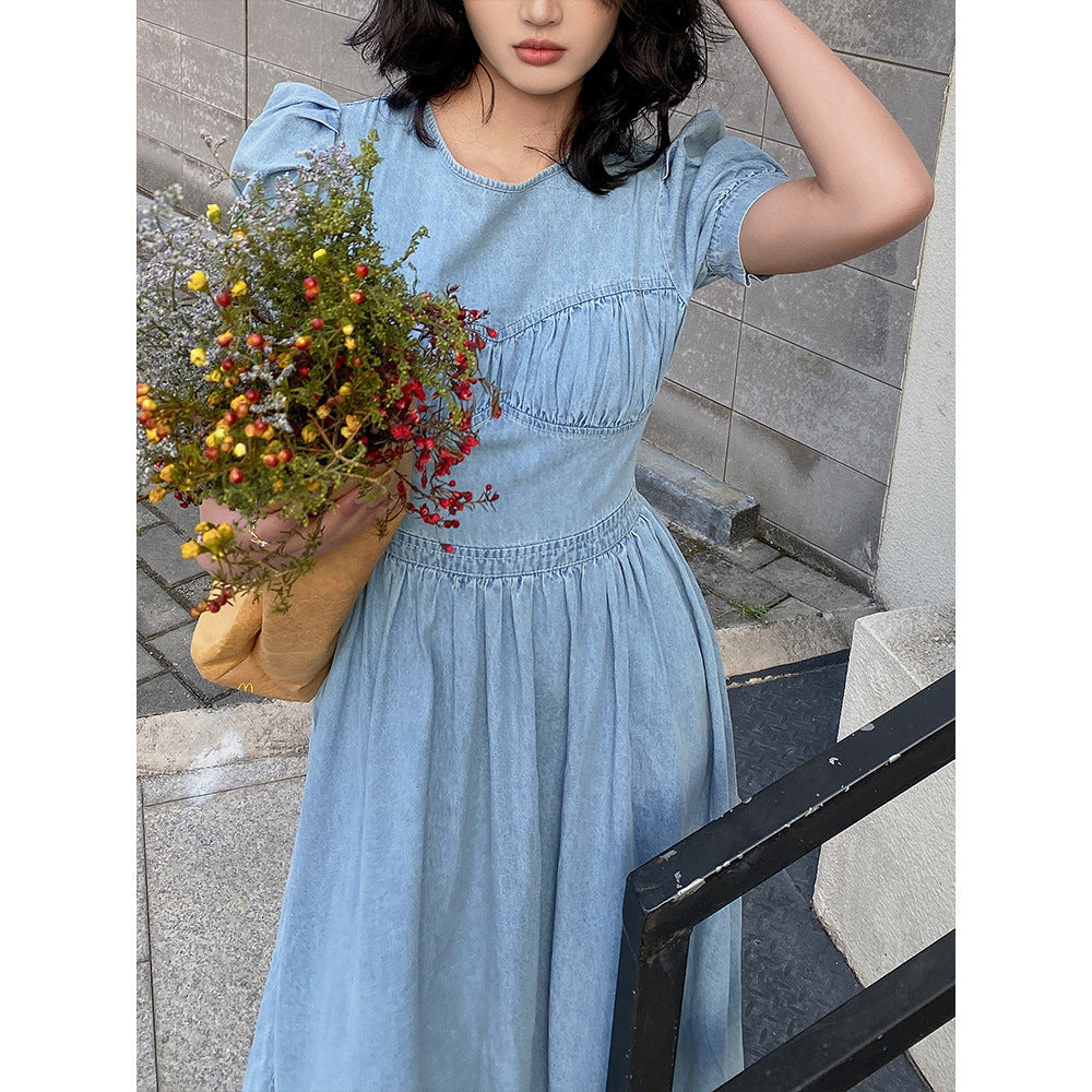 Fashionable Puff Sleeve Waist Denim Skirt