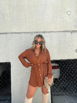 Women's Long Sleeve Jumpsuit Shirt Dress – Button-Front Fashion One-Piece | Infinity Bazaar